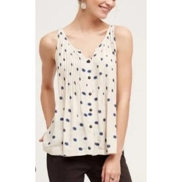 Maeve Anthropologie Saona Sleeveless Blouse Small Beige Polka Dot Tank Pleat Swi - Picture 1 of 11